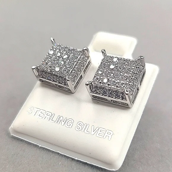 Sterling silver micro pave square stud earrings - Picture 1 of 5